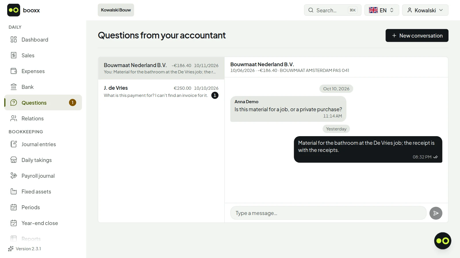 The client's Questions from your accountant screen: an open question from the firm about a 250 euro payment received, and an answered question about a building-supplies purchase.