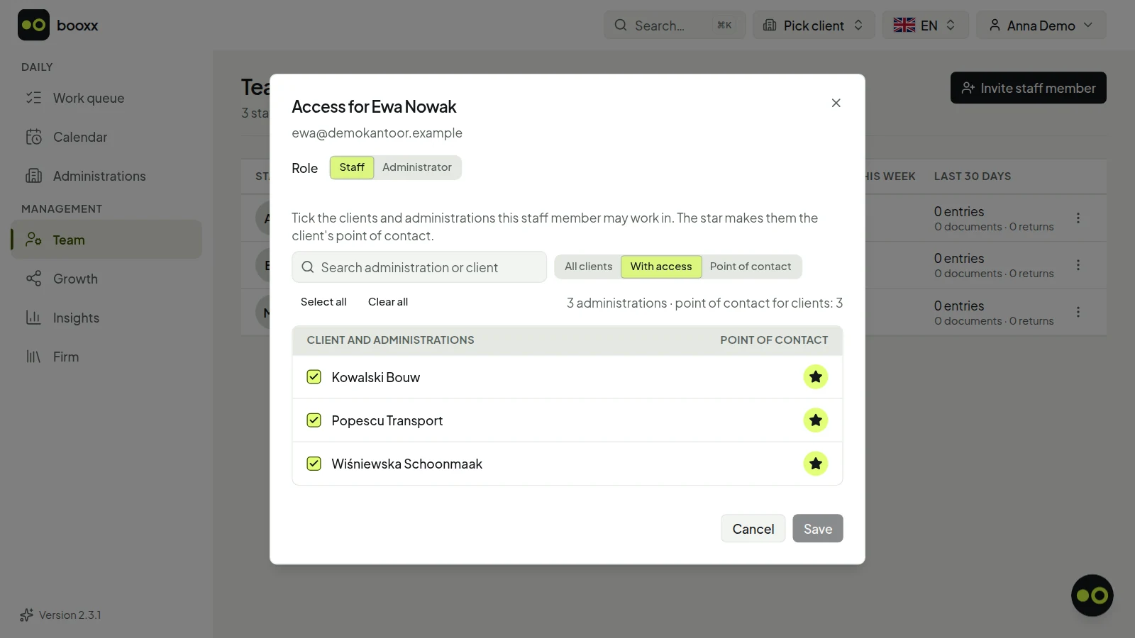The Access window for a staff member of an accounting firm: the role switch between staff member and administrator, three ticked clients and a star per client for the point of contact.