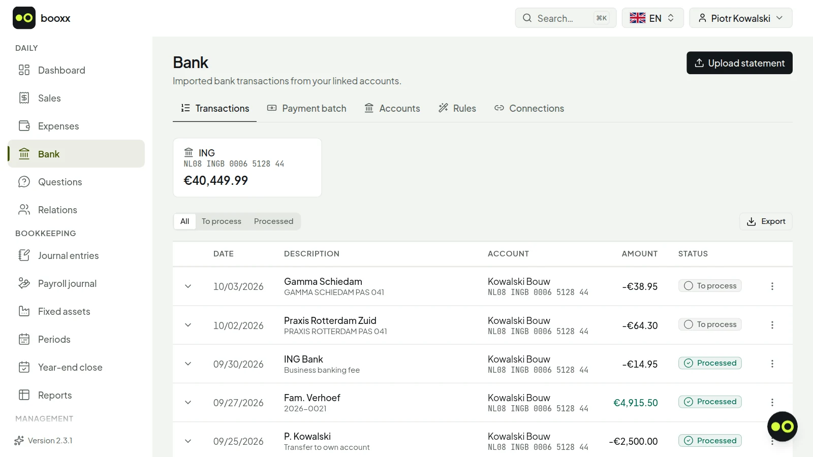 Bank screen with transactions, some of which have been matched automatically against open invoices.