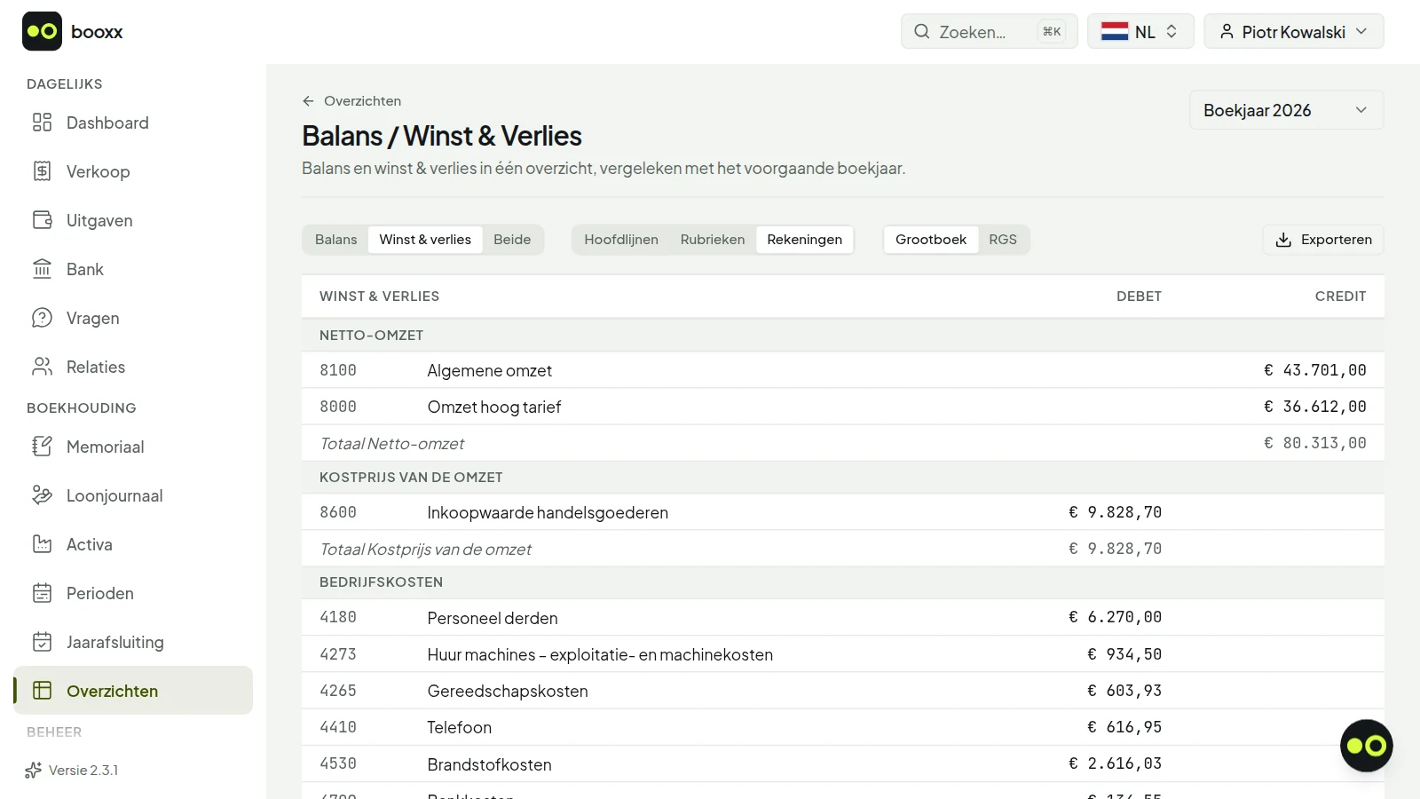 Overzicht van balans en winst-en-verliesrekening met saldi per grootboekrekening.
