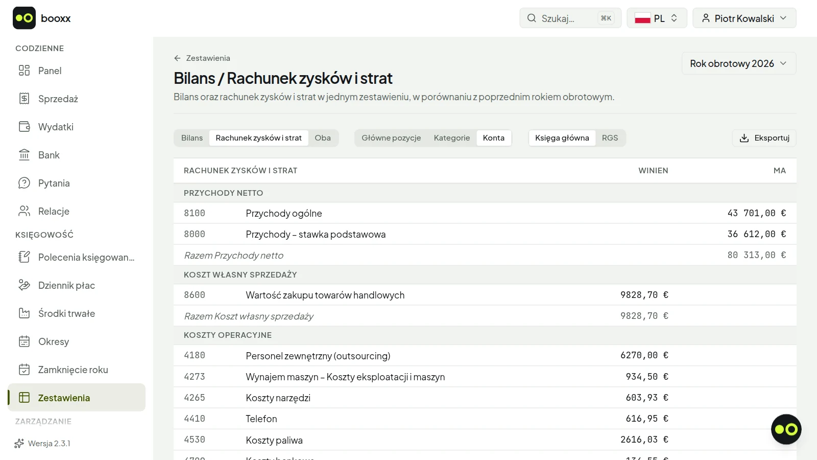 Zestawienie bilansu oraz rachunku zysków i strat z saldami kont księgowych.