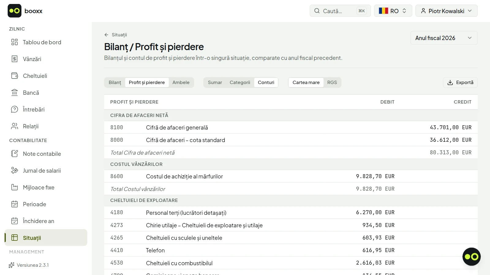 Situația bilanțului și a contului de profit și pierdere, cu solduri pe fiecare cont contabil.