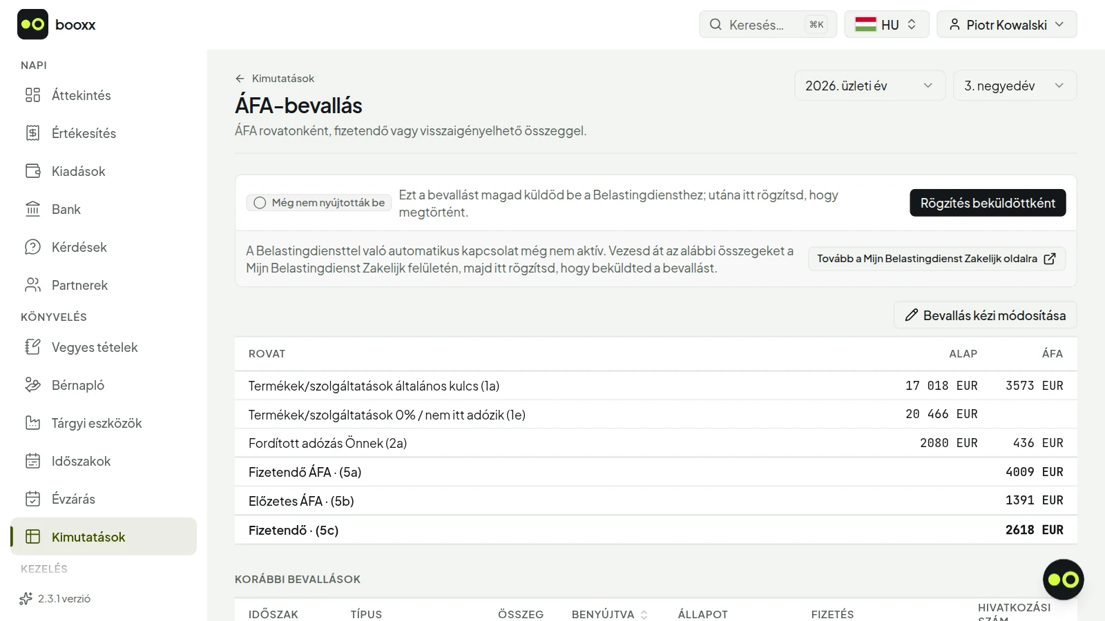 Áfamunkalap a bevallás rovataival és a rovatonkénti összegekkel.